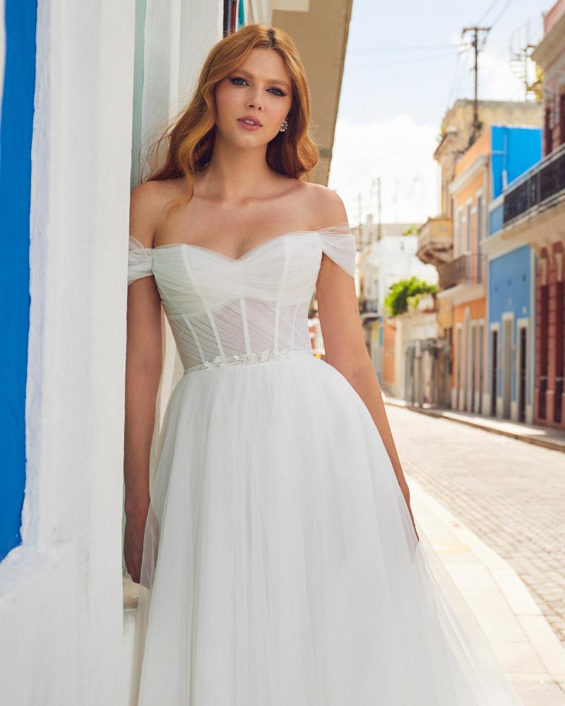 La23107 simple off the shoulder wedding dress with pockets and a line silhouette3